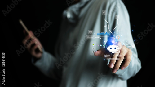 Business professional using an AI agent with prompt-based interaction to automate workflows, analyze data, and support intelligent business decisions through a smart digital interface.