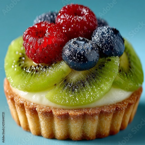 Fresh kiwi and raspberry tartlet with crumbly crust on blue background