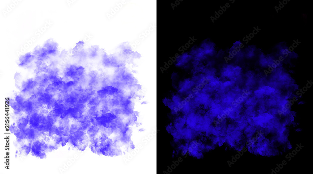 Fototapeta premium Blue smoke clouds on white and black backgrounds, ethereal purple vapor mist texture, abstract ink splash effect for graphic design