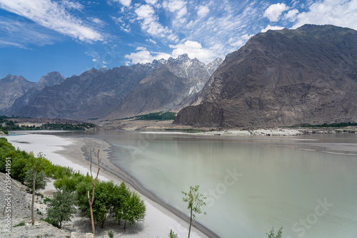 Colorful mountain landscape view of Indus river valley in summer near Skardu, Gilgit Baltistan, Pakistan