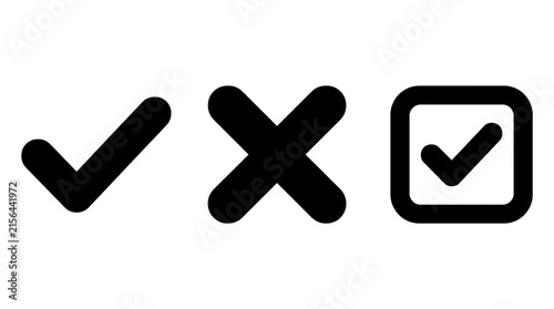 Three black checkmark and cross symbols isolated on transparent background for approval