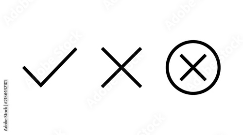 Three minimal validation icons in black outline, featuring a checkmark, cross, and circled cross, isolated on transparent background for user interface design and status indication.