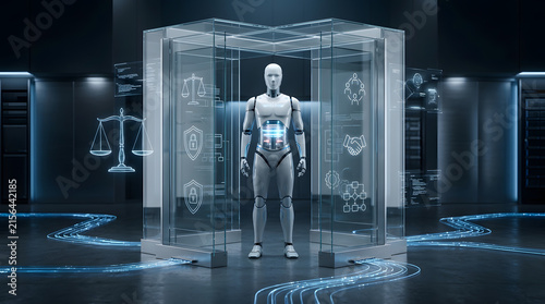 AI Robot Navigating Complex Legal and Ethical Frameworks in a Futuristic Digital Environment
