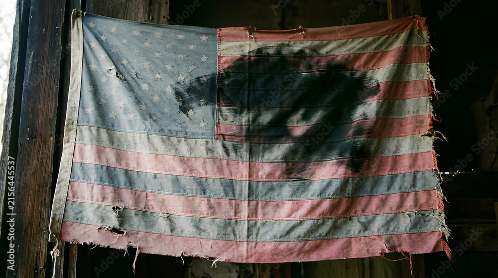 Fototapeta premium Tattered worn American flag hanging in dark room.