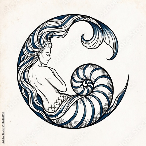 Serene indigo sea woman folded into a crescent silhouette around a central spiral shell, her streaming hair and striped tail forming balanced circular motion in a vintage hand inked tattoo study