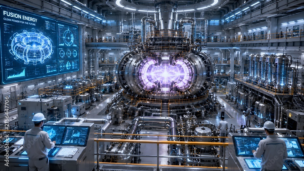 Fototapeta premium Futuristic nuclear fusion reactor facility with scientists monitoring high energy plasma.
