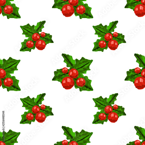 holly berries seamless pattern christmas winter holiday hand painted isolated on white background