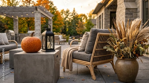 Halloween-themed outdoor patio display with pumpkins, gourds, and fall decorations on wooden furniture