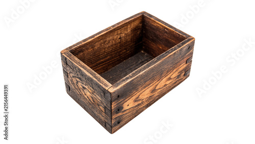 Vintage rectangular wooden casket box open empty isolated on a white background storage