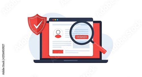 Professional digital security protection vector illustration featuring a laptop with a magnifying glass examining a user profile interface with a verified badge and a red shield icon for online safety