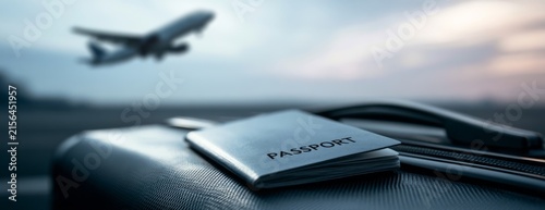 Passport and suitcase at the airport with airplane taking off  