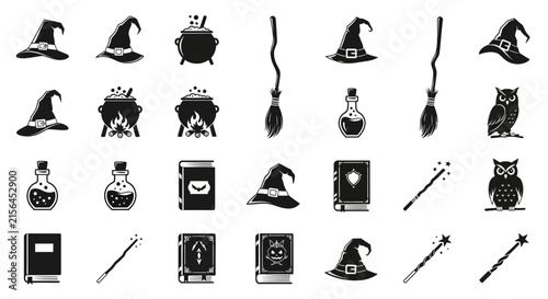 Fotografía Witchcraft silhouette icon set, Halloween magic elements vector collection, blac