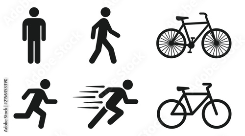 Set of human and bicycle icons, including standing, walking, running, and cycling figures