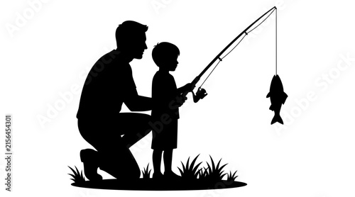 Father and son fishing together, with the dad teaching the boy how to hold the fishing rod and a fish caught on the line, black silhouette vector illustration