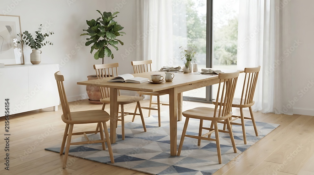 Obraz premium Modern Light Oak Dining Table Set with Six Spindle Back Chairs