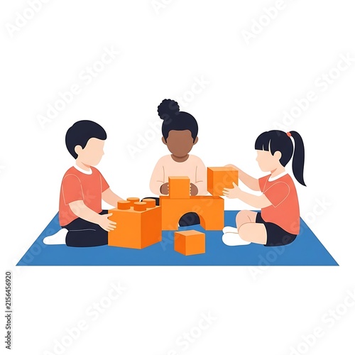 Three diverse children sitting on a blue mat playing with orange plastic building blocks in a flat style isolated