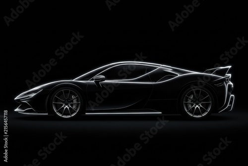 Futuristic Sports Car Silhouette with Glowing White Outlines on a Dark Background - Luxury Automotive Design Concept