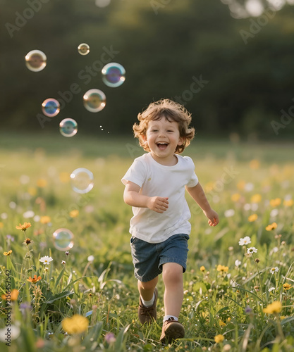 A young child chasing colorful soap bubbles through a wildflower meadow, genuine laughter in warm summer sunlight, dreamy atmosphere and authentic emotional storytelling lifestyle photography