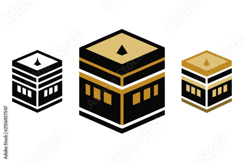 Kaaba building isometric vector illustration featuring black and gold minimalist geometric designs for religious events and sacred Islamic holiday celebrations