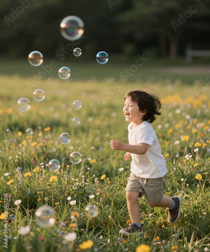 A young child chasing colorful soap bubbles through a wildflower meadow, genuine laughter in warm summer sunlight, dreamy atmosphere and authentic emotional storytelling lifestyle photography