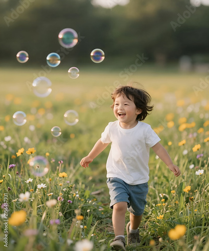 A young child chasing colorful soap bubbles through a wildflower meadow, genuine laughter in warm summer sunlight, dreamy atmosphere and authentic emotional storytelling lifestyle photography