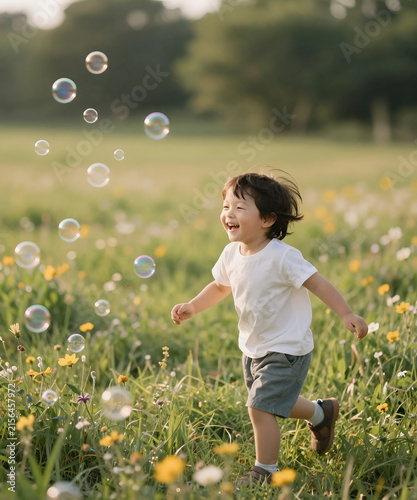 A young child chasing colorful soap bubbles through a wildflower meadow, genuine laughter in warm summer sunlight, dreamy atmosphere and authentic emotional storytelling lifestyle photography