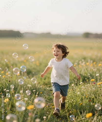 A young child chasing colorful soap bubbles through a wildflower meadow, genuine laughter in warm summer sunlight, dreamy atmosphere and authentic emotional storytelling lifestyle photography