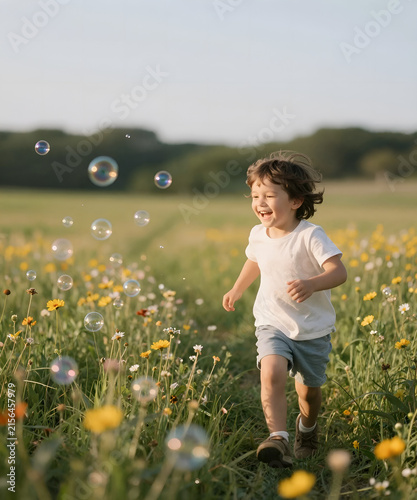 A young child chasing colorful soap bubbles through a wildflower meadow, genuine laughter in warm summer sunlight, dreamy atmosphere and authentic emotional storytelling lifestyle photography