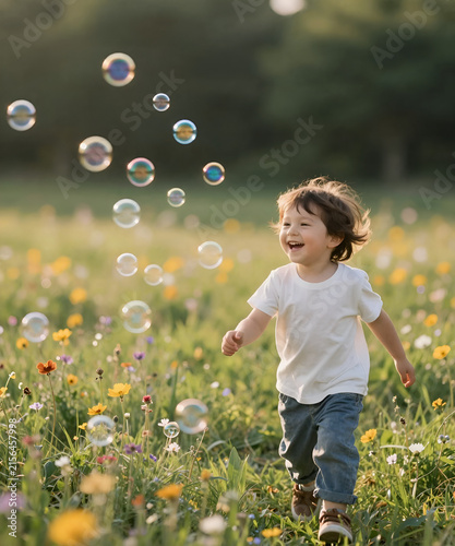 A young child chasing colorful soap bubbles through a wildflower meadow, genuine laughter in warm summer sunlight, dreamy atmosphere and authentic emotional storytelling lifestyle photography