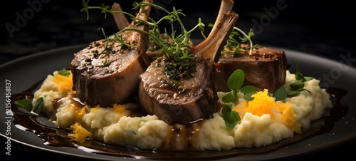 A fine dining plate featuring gourmet rack of lamb chops plated to perfection with crispy goat cheese polenta,generative AI