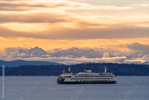 Obraz na plátně Puget Sound Seascape: Boat, Autumn Clouds, and Distant Olympic Mountains