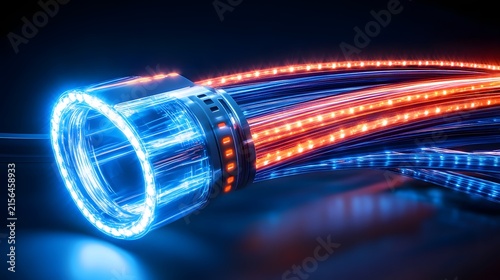 Futuristic Fiber Optic Cable with Glowing Blue and Orange Light Streams Emerging from Cylindrical Connector