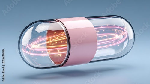 Futuristic cylindrical device with glowing pink and gold light trails inside transparent glass tube