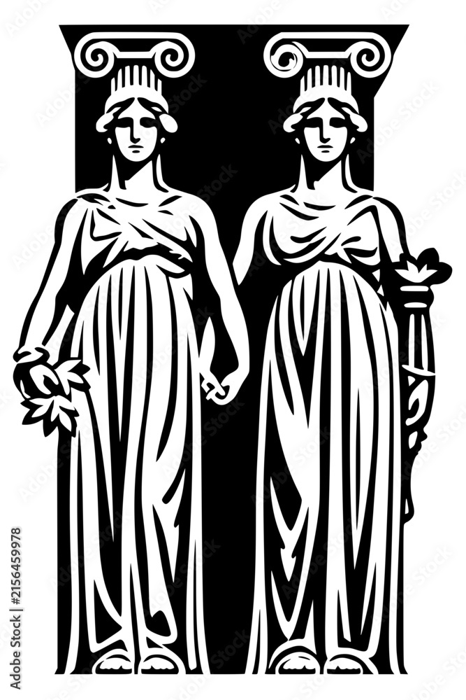 Fototapeta premium Bold black illustration of two classical Greek caryatid figures in draped robes holding laurel and torch, serving as Ionic column supports, perfect for mythology and architecture themes.
