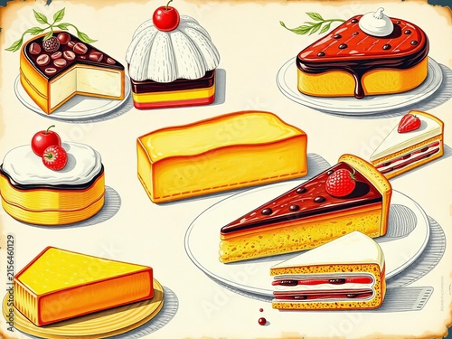 Vintage Illustrations of Classic French Pastries, baked goods, desserts