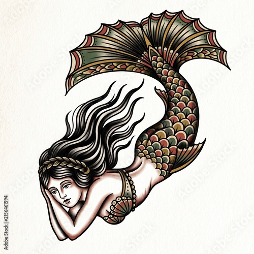 Serene sea siren descending headfirst with folded arms, flowing black hair and a grand fan shaped tail, richly shaded vintage tattoo flash illustration on warm ivory paper texture for body art