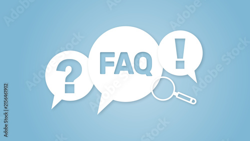 Cuadro en lienzo FAQ concept graphic with speech bubbles, a question mark, an exclamation point, and a magnifying glass on a light blue background illustrating customer support and help