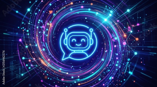 Neon blue robot chat icon with glowing digital lines and swirling light trails in dark space