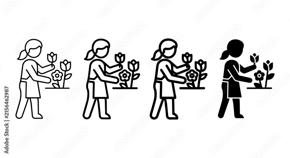 Fototapeta premium Gardener Icon Set, Florist Vector Graphics, Woman Planting Flowers, Botanical Illustration, Professional Horticulture