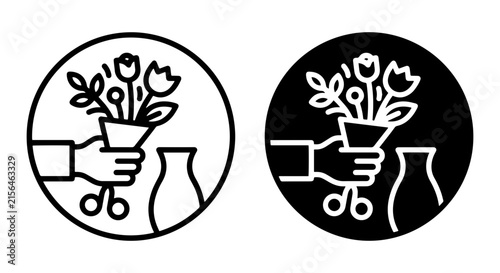 Floral Arrangement Icon Set, Hand Holding Flowers and Vase, Vector Graphics for Florist Business