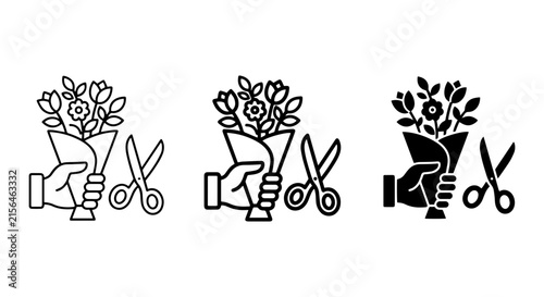 Floral Arrangement Icon Set, Hand Holding Bouquet with Scissors, Vector Graphics for Floristry