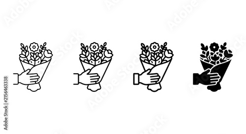 Hand Holding Flower Bouquet Icons, Floral Gift Vector Set, Romantic Present Line Art