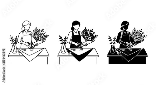 Florist Arranging Flowers, Floral Design Vector Icons, Botanical Crafting Set