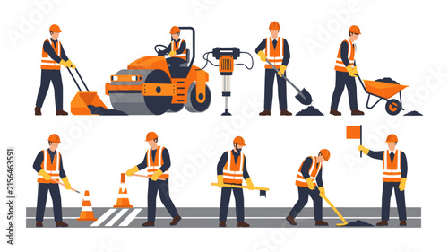 Construction Workers Team Doing Road Maintenance and Infrastructure Work Set