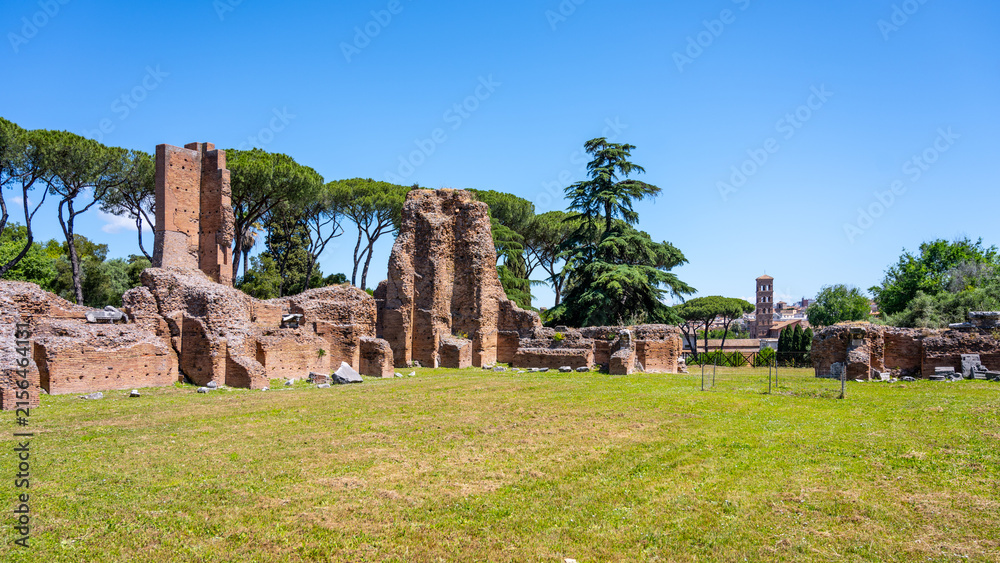 Fototapeta premium Visitors walk through the Roman Forum ruins in Rome Italy. These ancient remains show the history and structure of an important site from the Roman Empire era.