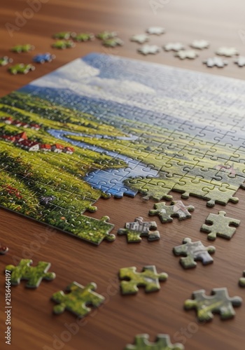 A partially completed jigsaw puzzle displays a scenic landscape image. The puzzle pieces are scattered across a wooden surface, with a significant portion of the picture already assembled.