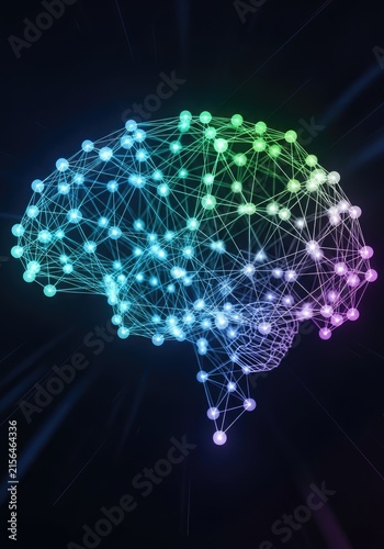 A stylized brain graphic is depicted with interconnected nodes and lines, glowing with vibrant colors.