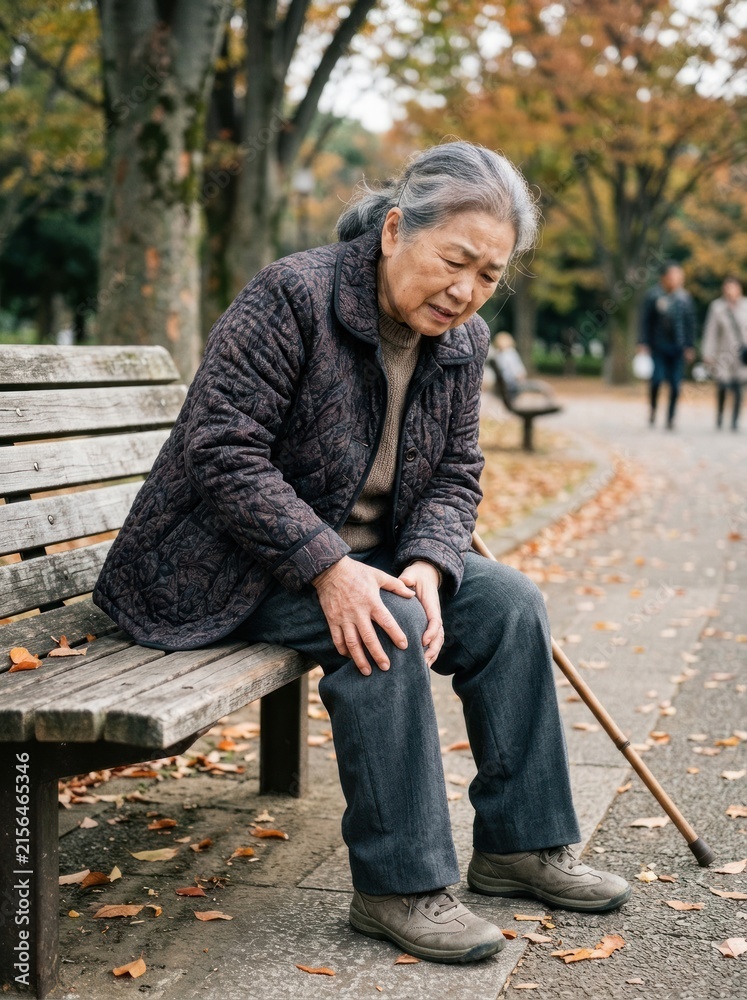 Fototapeta premium An elderly Asian woman sits on a wooden park bench, leaning on a walking stick and holding her knee. She appears to be in pain or discomfort.
