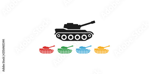 Cuadro en lienzo Five tank icons in various colors and black, representing military and warfare themes on transparent background