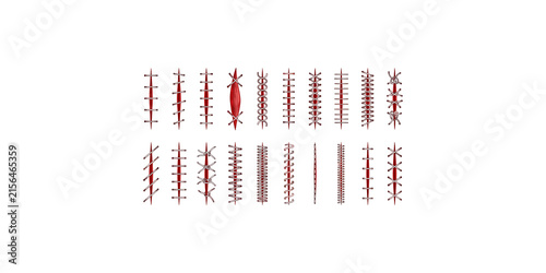 Set of isolated red stitches design elements for medical, costume, or creative projects on transparent background.